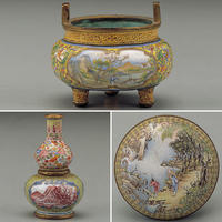 清乾隆畫琺瑯山水人物爐、瓶、盒