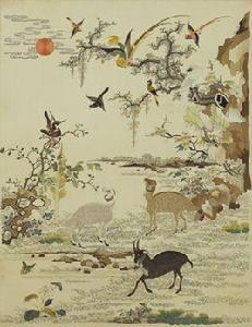 清光緒白緞地廣繡三陽開泰掛屏心 清光緒白緞地廣繡三陽開泰掛屏心