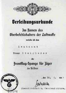 銀質獲授證明檔案，1941年05月20日授給Franz Steigleger，A5尺寸(150mm&times;210mm)。