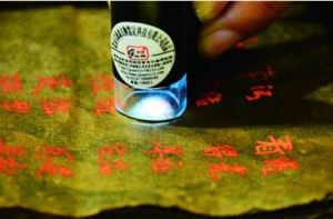 2013年7月27日，通過文物鑑定專用放大鏡欣賞疑似“渤海文”原件作品。