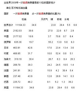 全世界2009年一次能源消費量居前10位的國家統計