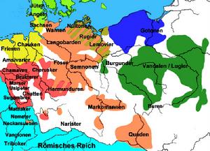 公元50年日耳曼部落的分布（不包括斯堪的那維亞半島）