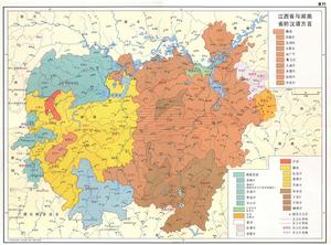 贛南話(寧龍片、於桂片)在湘贛兩省的位置