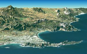 （圖）陸地衛星（Landsat）的雷達偵測（SRTM）正視圖，開普半島的前景