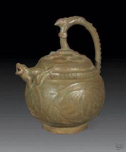 五代耀州窯青釉刻花提梁倒流壺 五代耀州窯青釉刻花提梁倒流壺