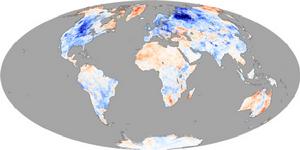 2009年12月全球陸地地表溫度與2000年到2008年同期平均溫度對比圖