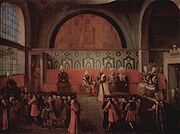 （圖）1724年讓-巴提斯特·雲·莫爾所畫，顯示大維奇爾在“圓穹下”謁見。
