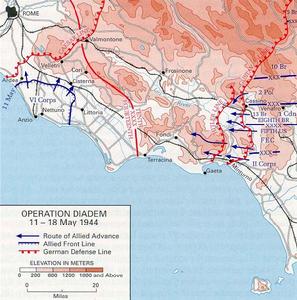 1944年5月，盟軍皇冠行動預定進攻路線圖