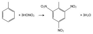 TNT生成反應，條件：濃硫酸為催化劑，加熱