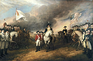 康沃利斯在約克鎮的投降約翰·查布爾繪製，圖中描繪英軍向法軍（左）及美軍（右）投降。帆布油畫，1820年。