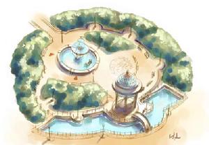 (圖)開著淡黃色小花的花圃,花園盡頭有涼亭。涼亭後面造景就是噴水池跟小橋,水池裡有一個人魚雕像。是漾漾和同學們時常聚會的地方之一,也是西瑞和安因大打出手的地方。噴水池裡的人魚雕像乍看似乎無害,不過會獵食路過的生物們,經過時要多加小心……