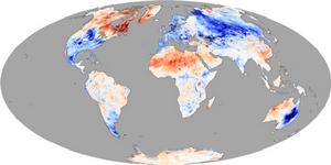 2010年2月全球陸地地表溫度與2000年到2008年同期平均溫度對比圖