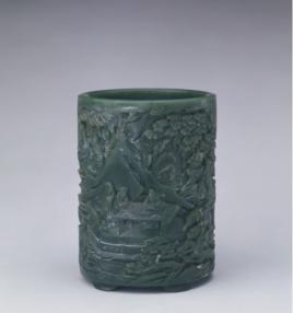 清乾隆款碧玉西園雅集圖筆筒 清乾隆款碧玉西園雅集圖筆筒