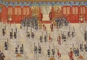 皇帝升殿圖著甲冑者為錦衣衛校尉，兩側著大紅服者為錦衣衛千戶