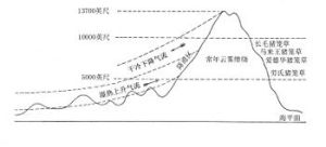 約翰·繆爾黑德·麥克法蘭1908年的專著中的示意圖，示基納巴盧山的冷熱氣流。愛德華豬籠草的近似海拔分布範圍於右側。