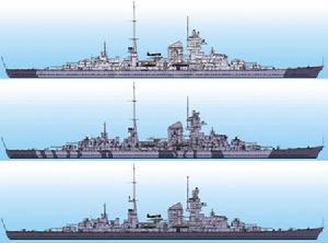 上圖為1941年5月的“歐根親王”號。中為1942年2月下旬在挪威的“歐根親王”號。下為1944年的“歐根親王”號。
