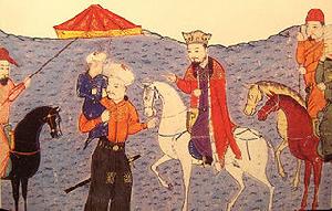 阿八哈騎在馬上，身邊是他的兒子阿魯渾，阿魯渾手中抱著自己的兒子合贊，繪製於14世紀早期