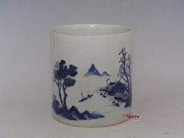 青花山水人物紋筆海 青花山水人物紋筆海