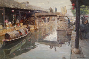 油畫+《古鎮人家》+ 60X90cm+2008年+發表於《中國美術報》