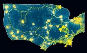 粘菌生長形成的美國交通網路圖