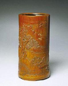 清竹雕山水人物筆筒 清竹雕山水人物筆筒