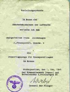 銅質獲授證明檔案，1942年07月17日授給Johannes Bauchrowitz，A5尺寸(150mm&times;210mm)。