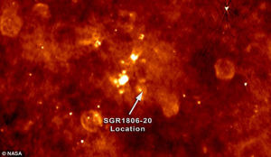 自遙遠的伽馬射線暴：2004年12月，50萬光年之遙的中子星SGR 1806-20釋放強烈的伽馬射線，亮度超過月球，照亮地球大氣層