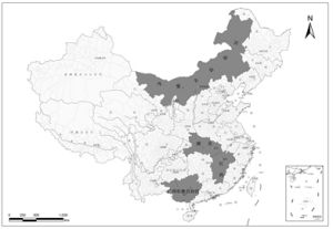 圖為全國生態功能紅線4個試點省(自治區)分布圖。
