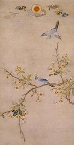 刺繡海棠雙禽圖軸 刺繡海棠雙禽圖軸