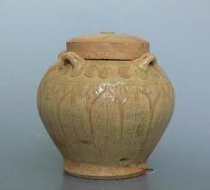 南北朝青釉刻花四系蓋罐 南北朝青釉刻花四系蓋罐