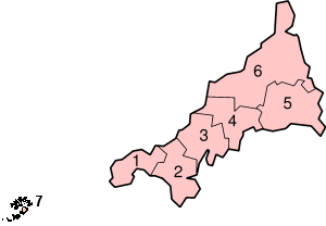 1. 彭威斯 2. 凱里爾 3. 卡里克 4. 里斯托默爾 5. 卡拉登 6. 北康沃爾 7. 錫利群島（單一管理區）