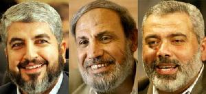 哈馬斯的三位高級領導人：哈立德·邁沙阿勒、馬哈茂德·扎哈爾和伊斯梅爾·哈尼亞（從左至右）　新華社/法新