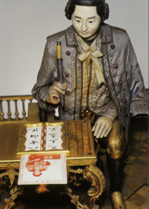 清銅鍍金寫字人鍾，鐘錶館陳列