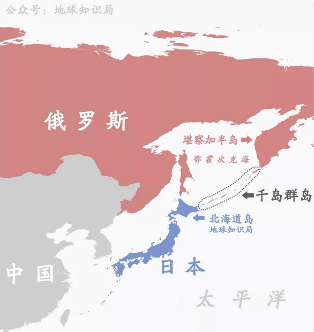 在日本北海道與俄國勘察加半島之間這一線便是千島群島了