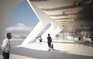 飯店和零售商店位於生態山的較低的樓層，從這裡看，完全是現代大都市的感覺。