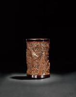 黃楊木雕“鍾馗搜山”圖筆筆筒