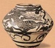 元白釉黑花刻龍鳳紋罐 元白釉黑花刻龍鳳紋罐