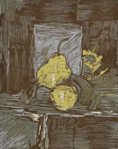 邢莉莉《水果之二》木刻，紙本，27&times;43cm,2002年