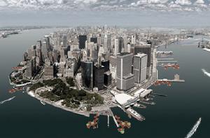 鳥瞰曼哈頓下城，顯示了多處在原有碼頭的基礎上拓展的入塢站的部署效果圖