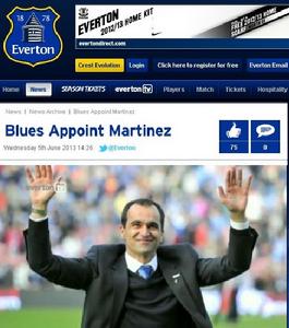 埃弗頓官方網站宣布馬丁內斯加盟的網頁