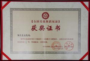全國傳統舞蹈展演獲得金獎證書