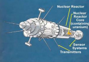前蘇聯COSMOS 954核動力衛星示意圖。該衛星在1978年因故障墜落在加拿大，造成嚴重污染。