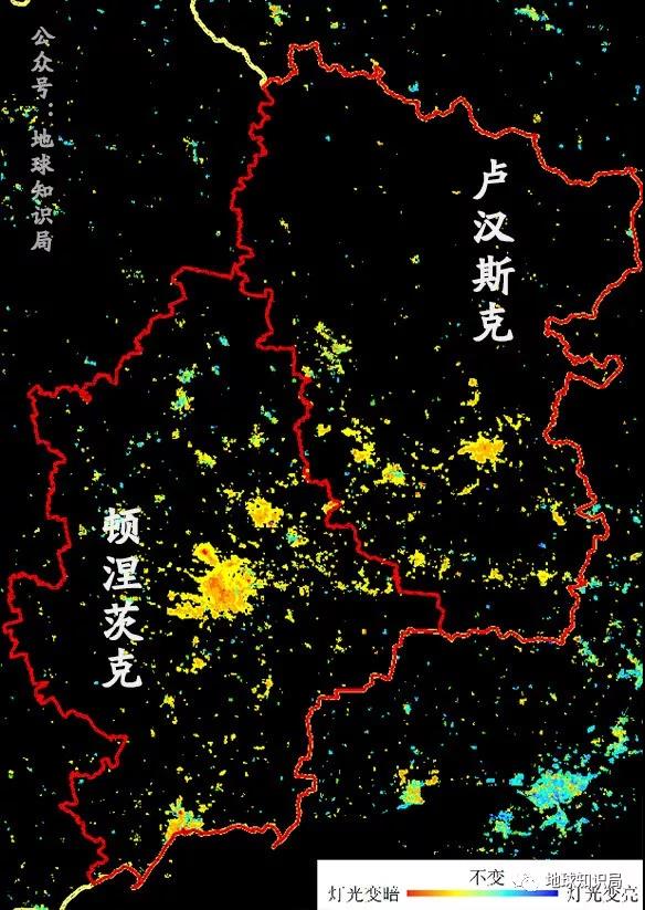 2012-2015的盧漢斯克和頓涅茨克烏克蘭這邊都在變暗俄國那邊大都在變亮