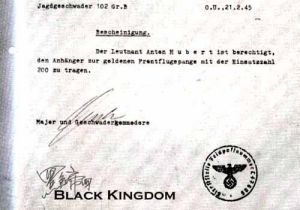 保存完好的200次數字垂飾獲授證明電報嘉獎令，1945年02月21日授給Anton H&uuml;bert。