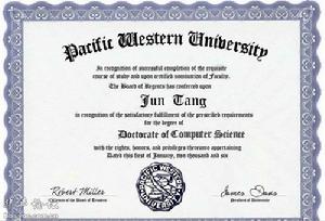 “文憑生成器”生成的唐駿西太平洋大學的文憑