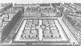 1750年的萊斯特廣場（向北望）。 東北角的大宅是萊斯特伯爵官邸，後來成為威爾斯親王弗雷德里克王子的府第