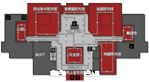 一層平面圖 民俗陳列館、徐展堂瓷器陳列館、陶器陳列館、青銅器陳列館、謝子好珍寶館、雕塑藝術館