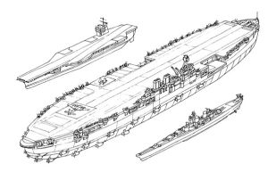 “冰航母”與“尼米茲”級航空母艦（左）和“衣阿華”級戰列艦（右）的對比，注意其數量繁多的螺鏇槳推進器。