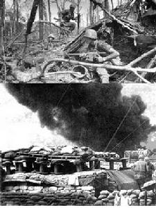 上圖為美海軍陸戰隊在溪山重要制高點搜尋前進。下圖為被北越炮擊的溪山基地