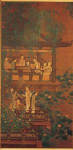 五代南唐周文矩荷亭奕釣仕女圖軸